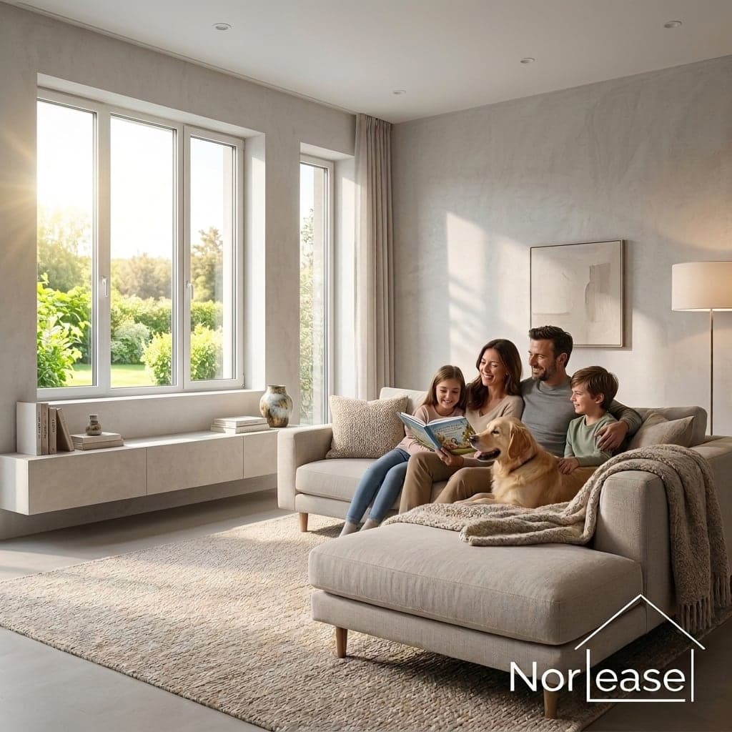 A family reading together on the couch in a bright living room