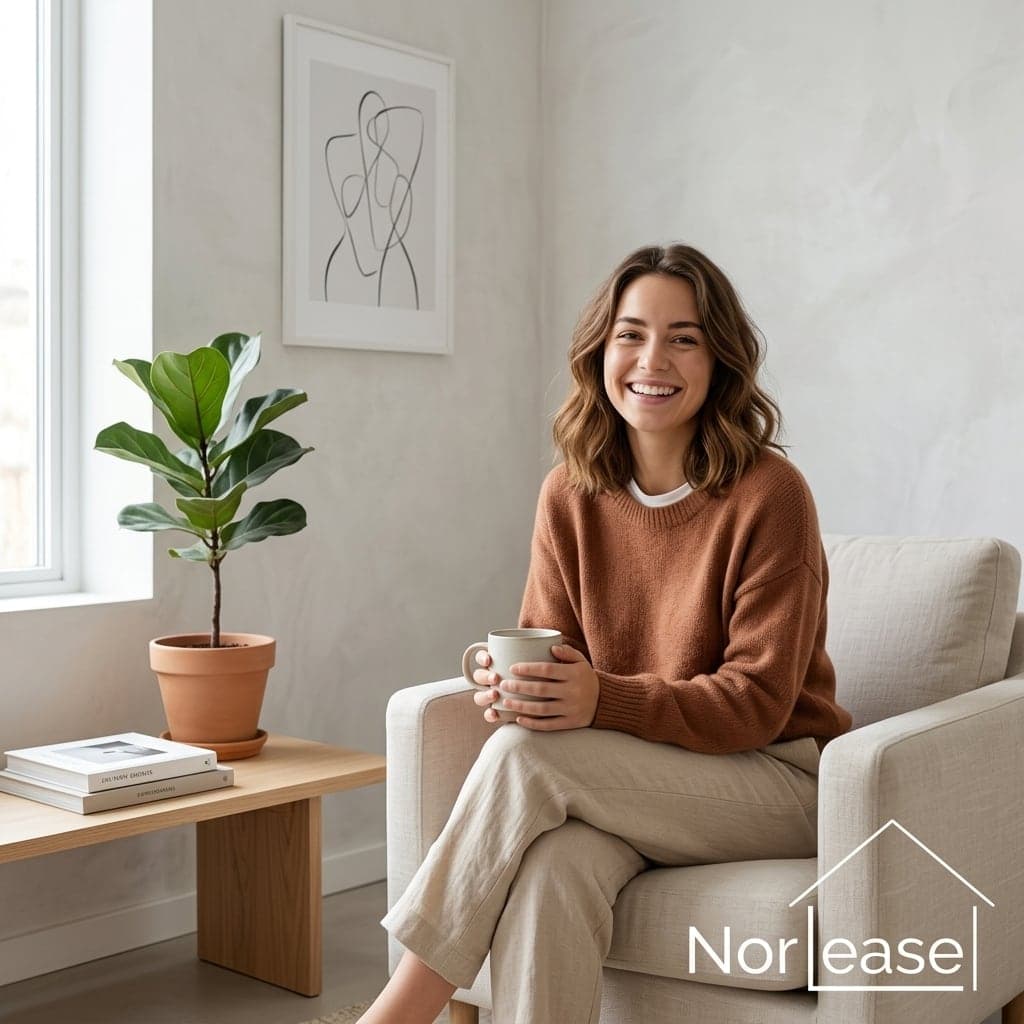 A renter browsing listings on their phone at a kitchen table