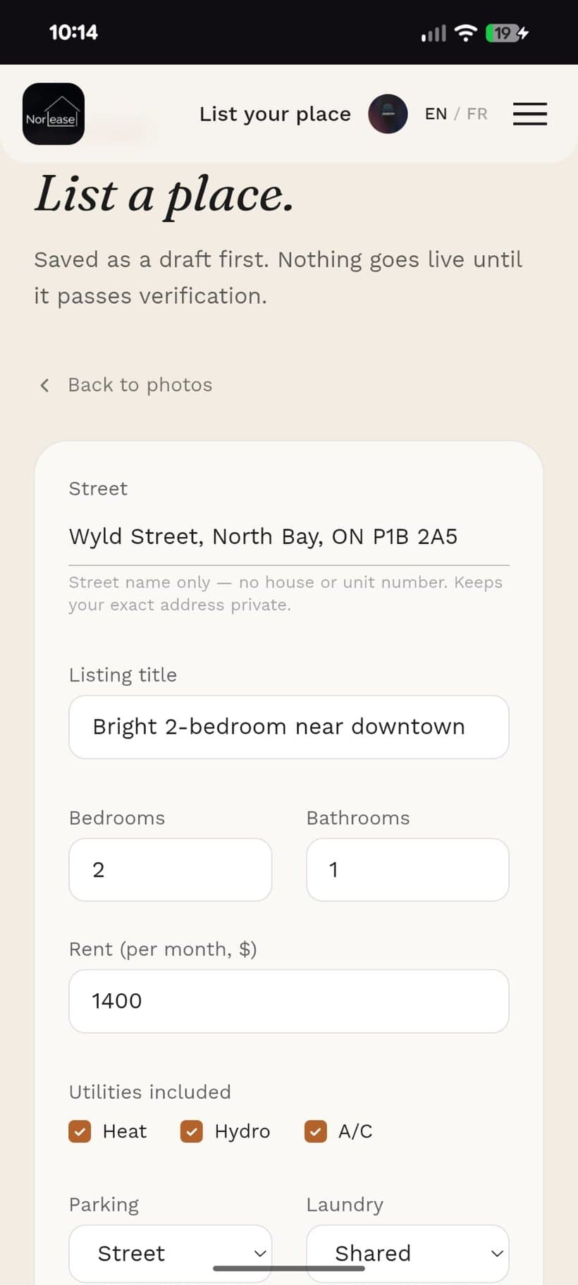 The Norlease listing form filled in with street, title, bedrooms, bathrooms, rent, and utilities
