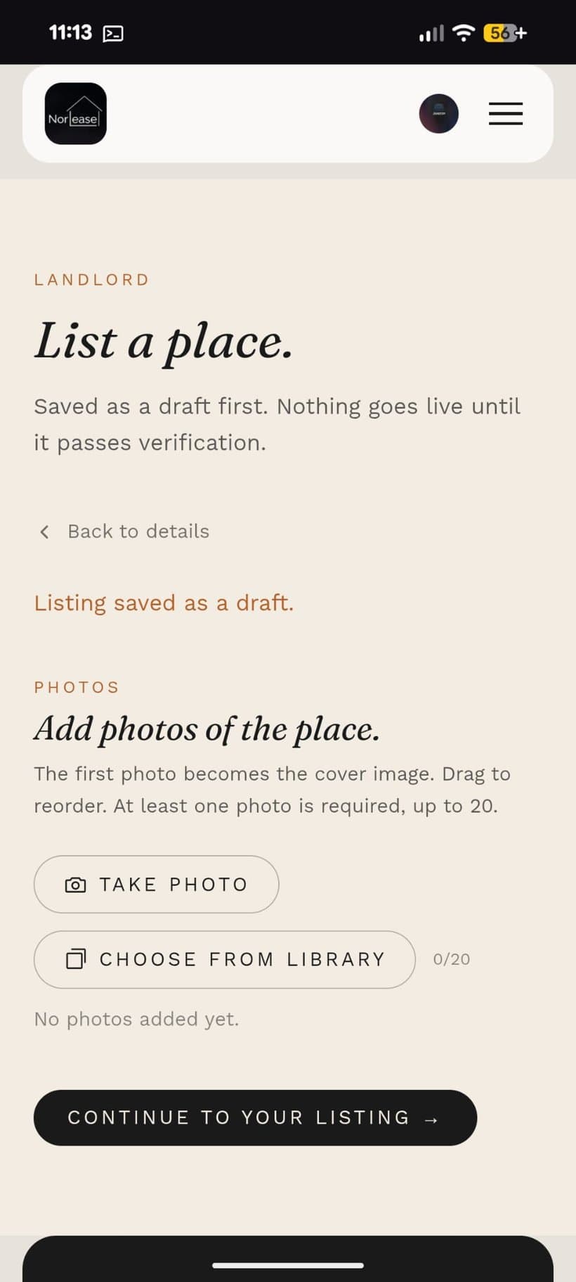 The blank Norlease photos step, ready to add the first photo of a new draft listing