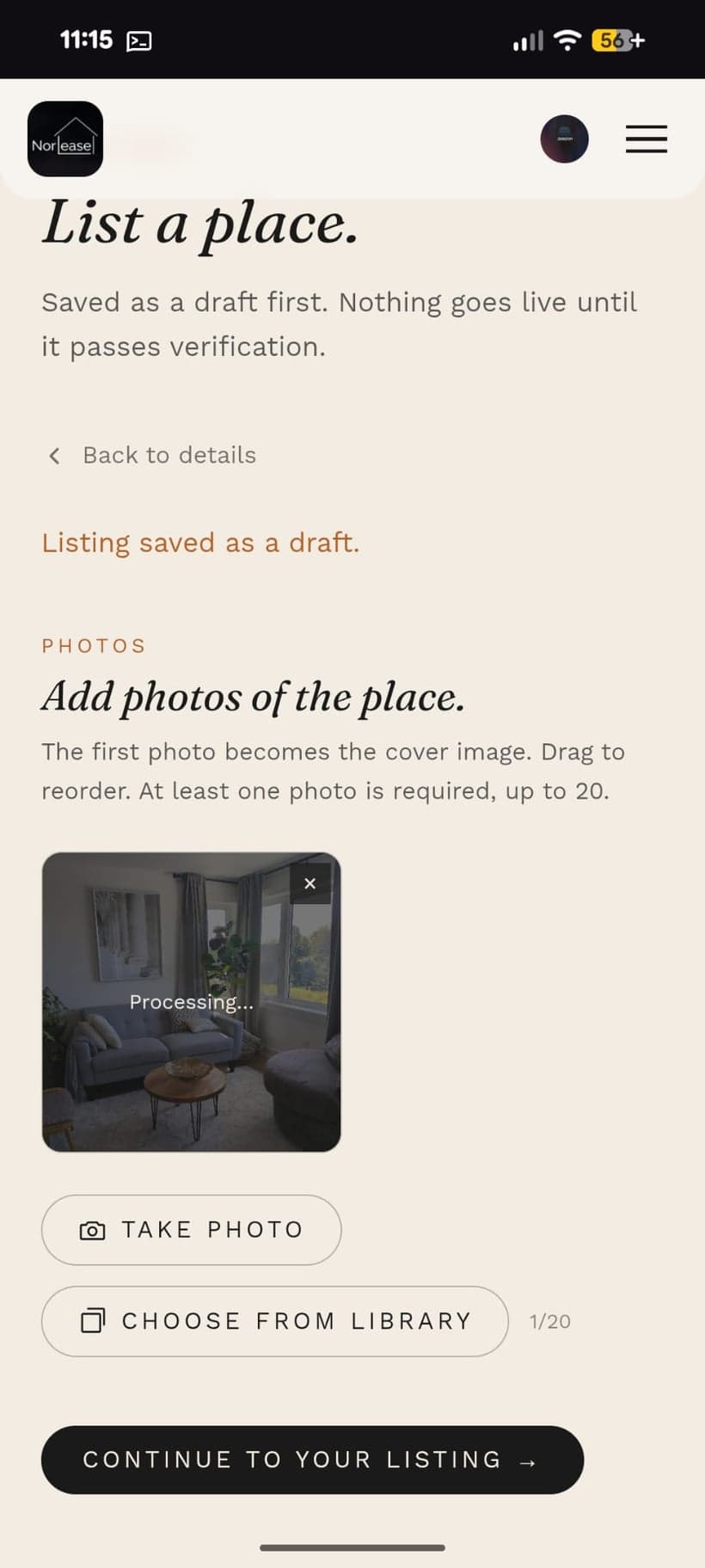 A real living room photo mid-"Processing…" right after upload in the Norlease photo uploader