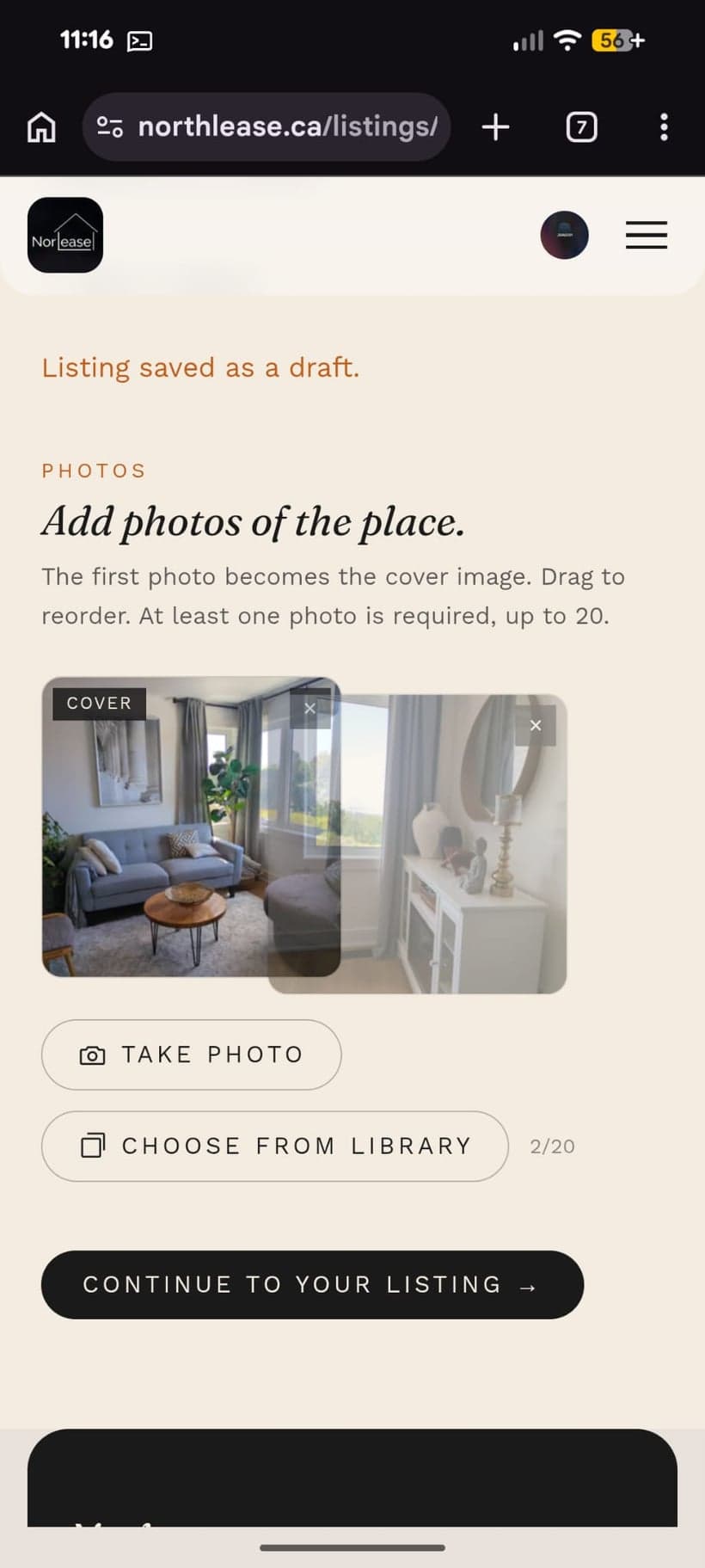 Two uploaded photos in the Norlease photo grid, the first marked as the cover, the second mid-drag to reorder