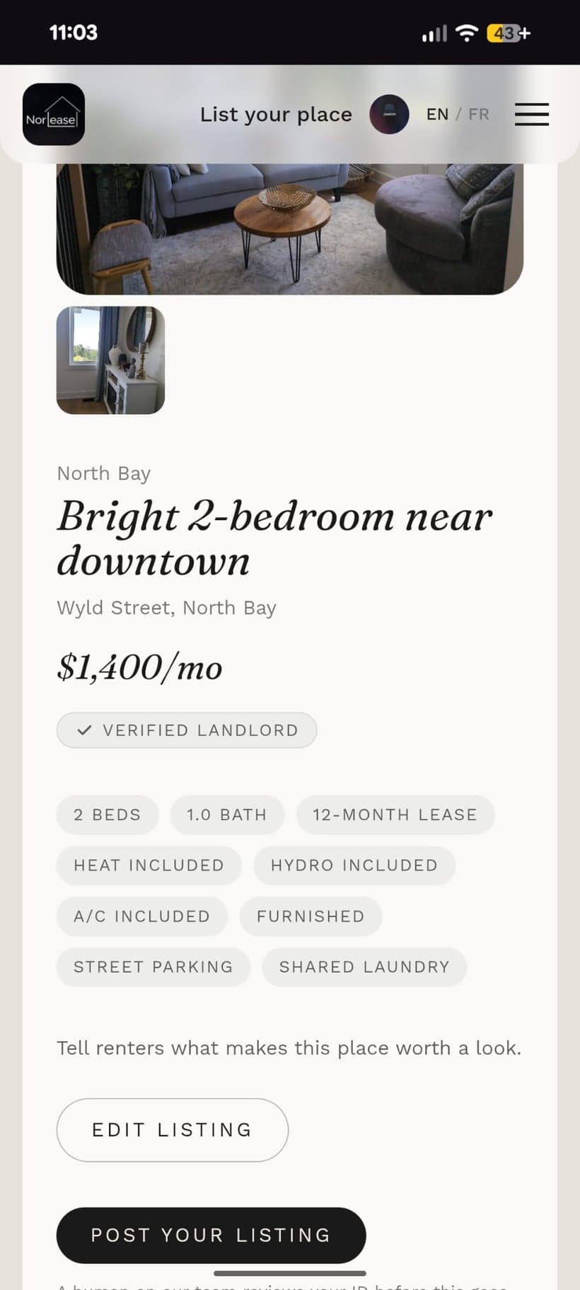 The finished Norlease listing review page, with bed, bath, and utility badges and the Post your listing button
