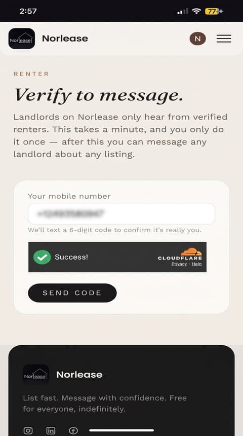 The Norlease renter phone-verification screen, with a mobile number field and a passed Cloudflare human check