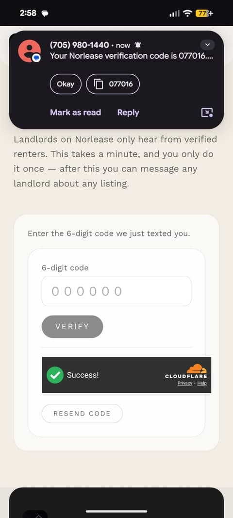 A real Norlease verification-code text message notification, above the 6-digit code entry form