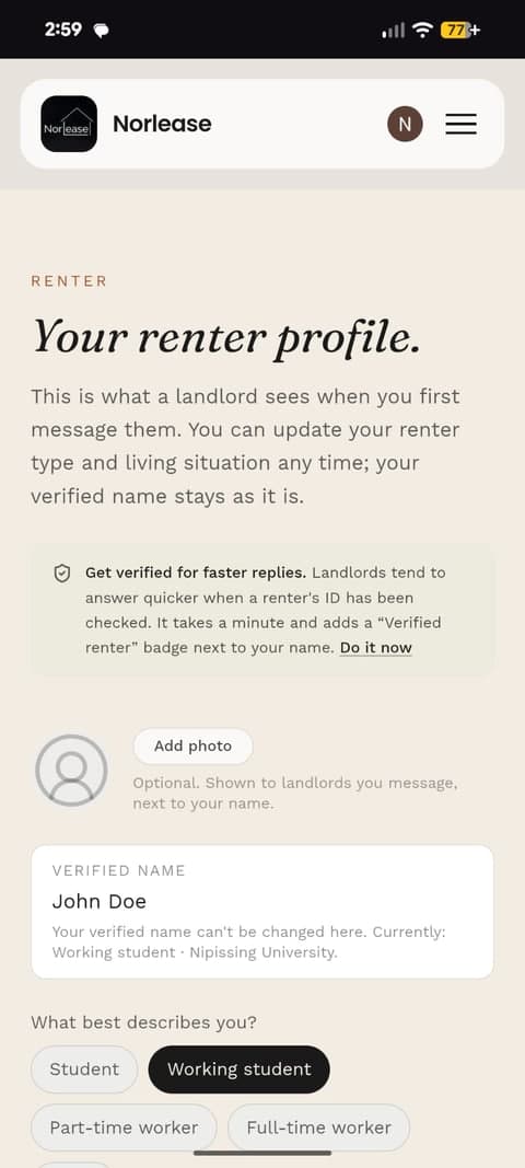 The renter's own profile page, showing an optional photo upload, verified name, and renter-type pills
