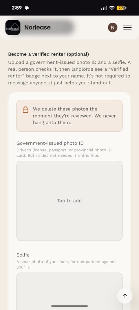 The "Become a verified renter (optional)" page, with empty upload boxes for a photo ID and a selfie