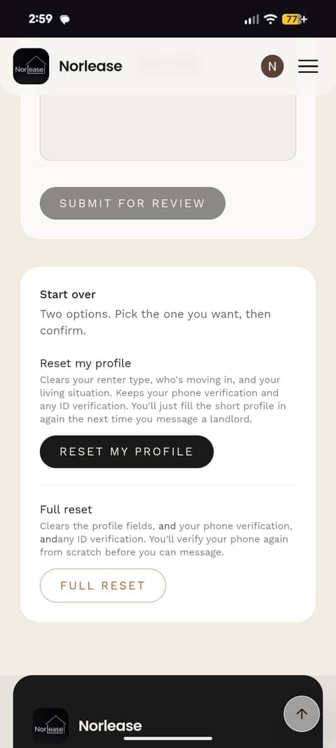 The submit-for-review button, and the "start over" reset-my-profile and full-reset options