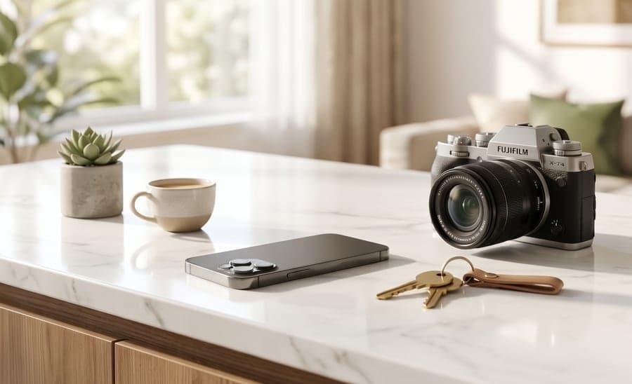 A phone, camera, and keys on a marble kitchen counter with a coffee cup and succulent, representing listing a place on Norlease