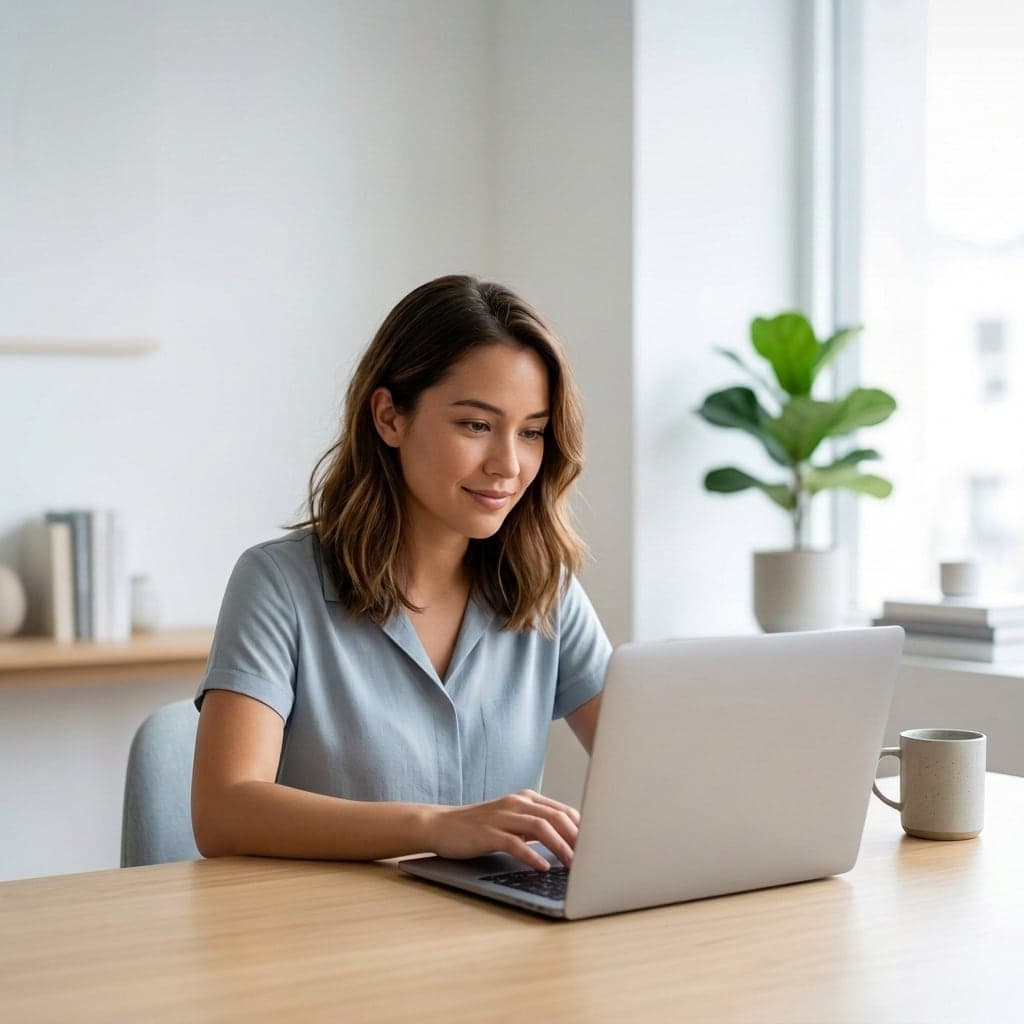 A renter filling in their profile on a laptop at a kitchen table, representing setting up a renter profile on Norlease